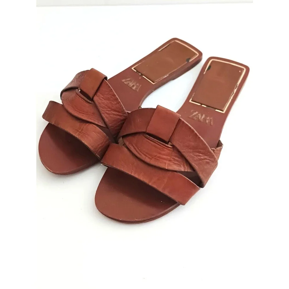 ZARA Brown Braided Leather Flat Slide Sandals EU 38 US 7-7.5 - Picture 10 of 10